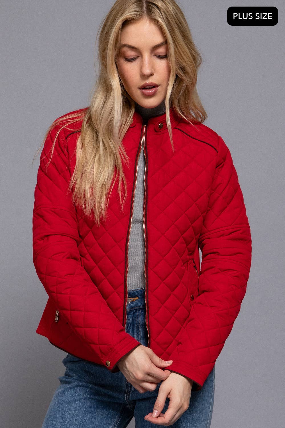 PLUS SIZE Suede Piping Detail Rib Quilted Padding Jacket