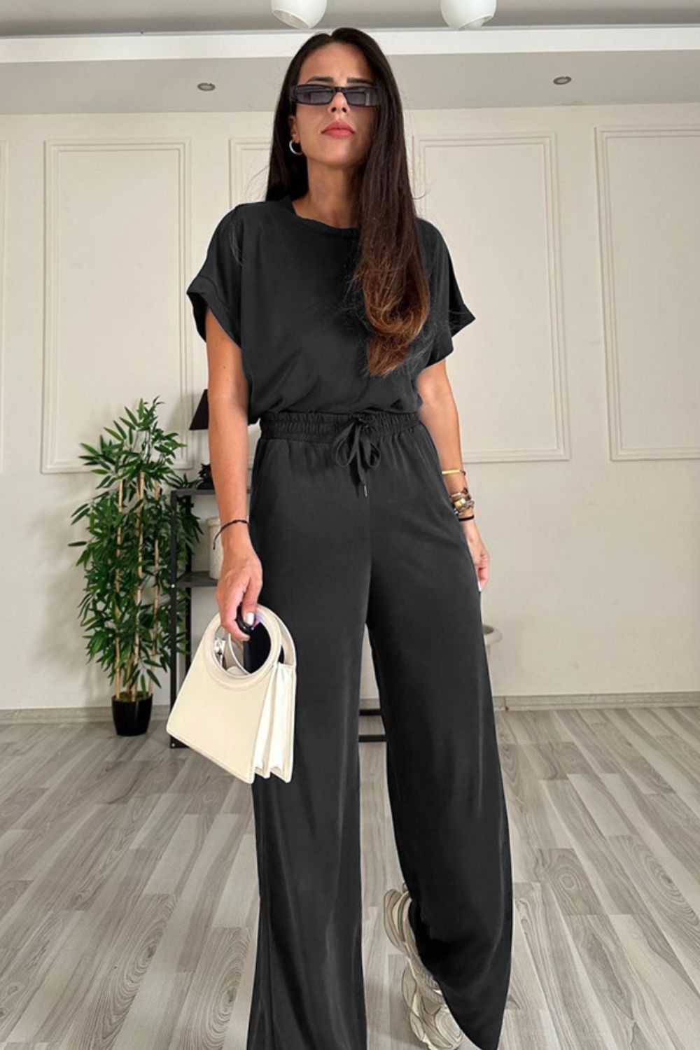 SHYLA Round Neck Short Sleeve Top and Drawstring Pants Set