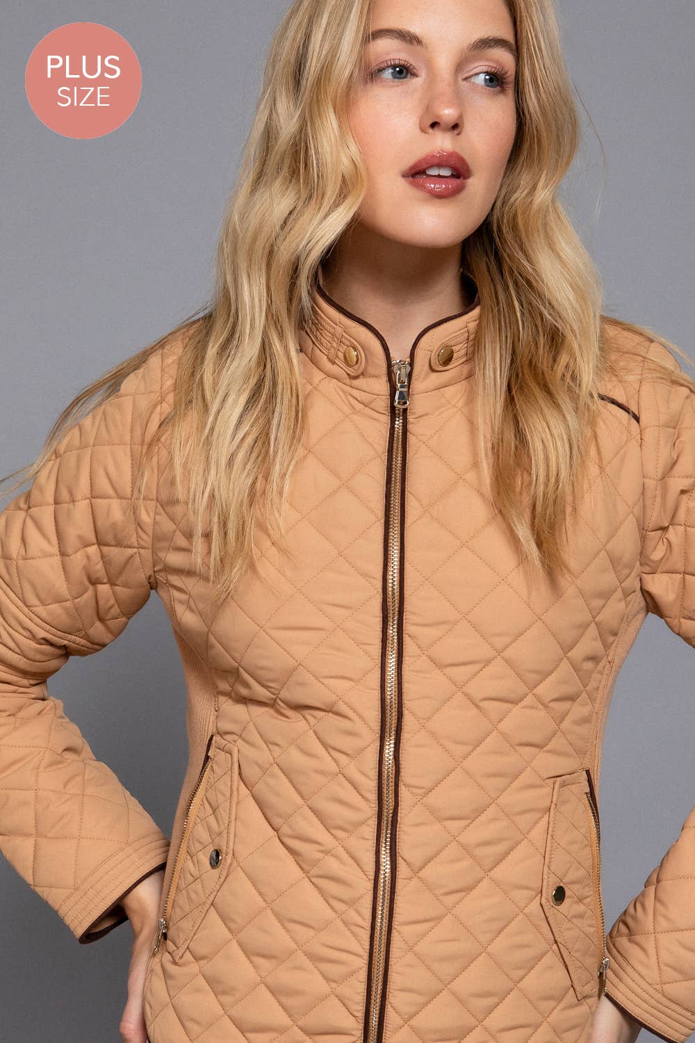 PLUS SIZE Suede Piping Detail Rib Quilted Padding Jacket