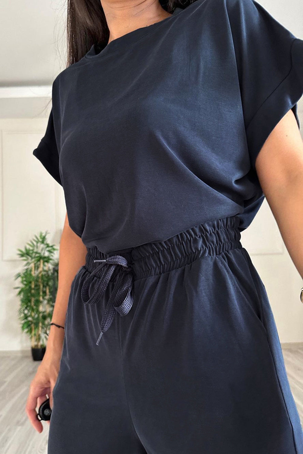 SHYLA Round Neck Short Sleeve Top and Drawstring Pants Set