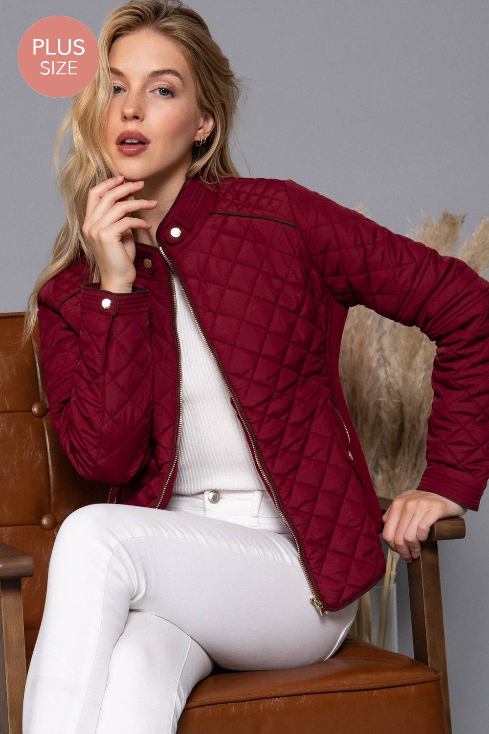 PLUS SIZE Suede Piping Detail Rib Quilted Padding Jacket