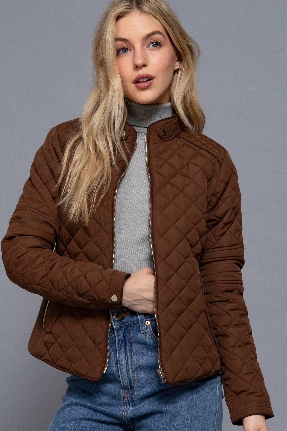 PLUS SIZE Suede Piping Detail Rib Quilted Padding Jacket