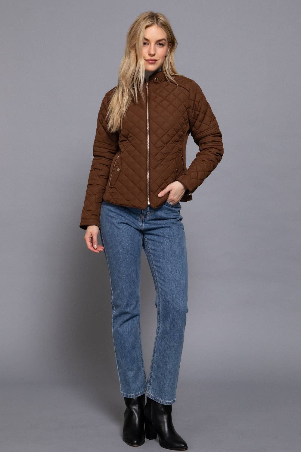 Suede Piping Detail Rib Quilted Padding Jacket