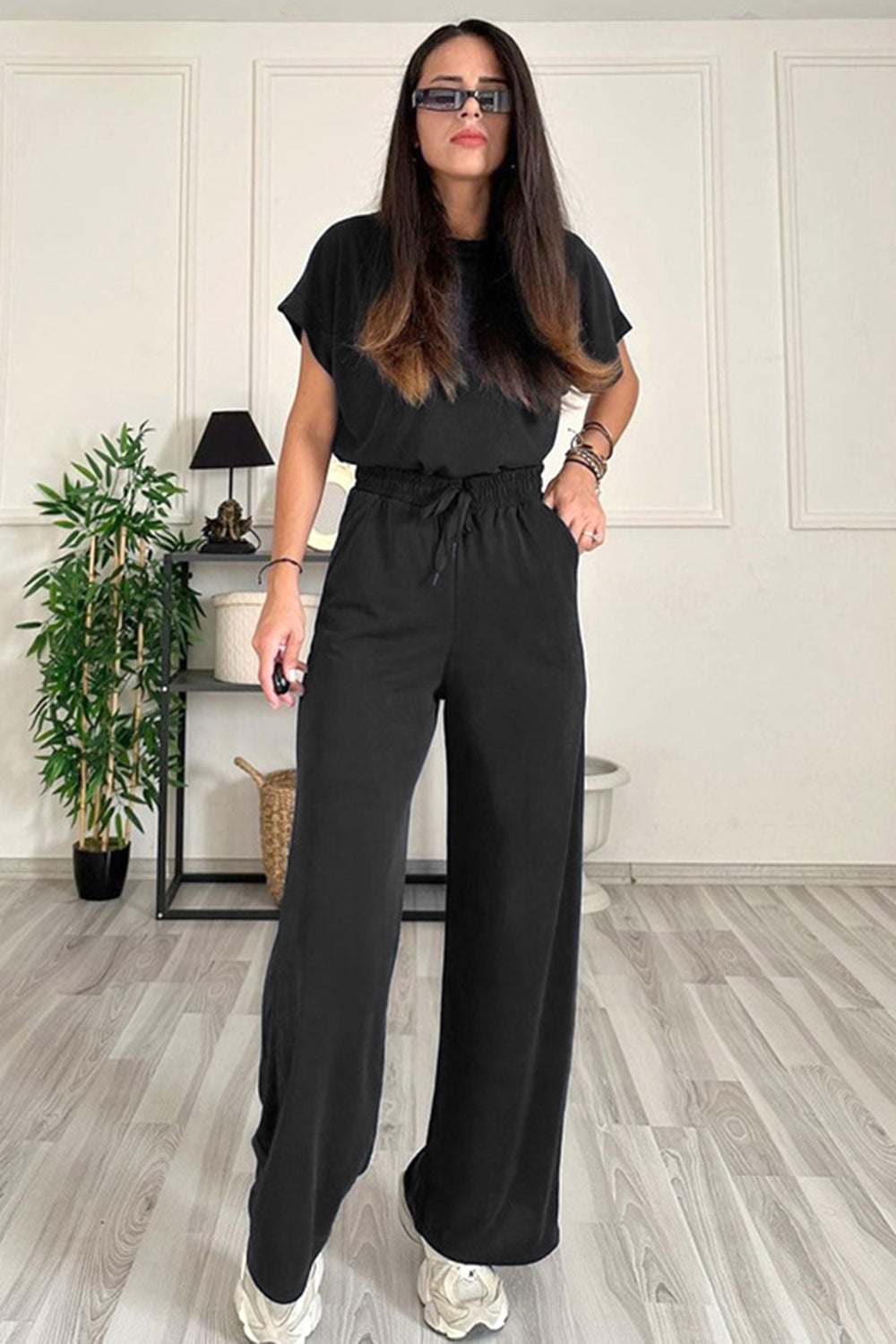 SHYLA Round Neck Short Sleeve Top and Drawstring Pants Set