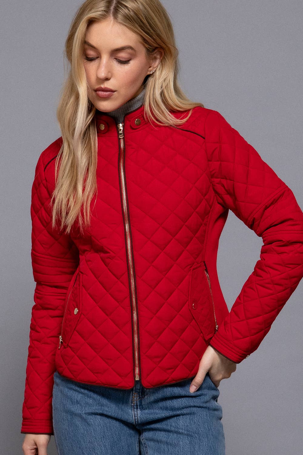 PLUS SIZE Suede Piping Detail Rib Quilted Padding Jacket