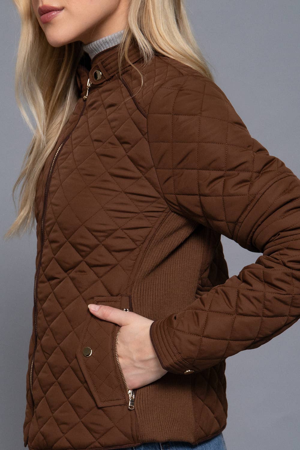 Suede Piping Detail Rib Quilted Padding Jacket