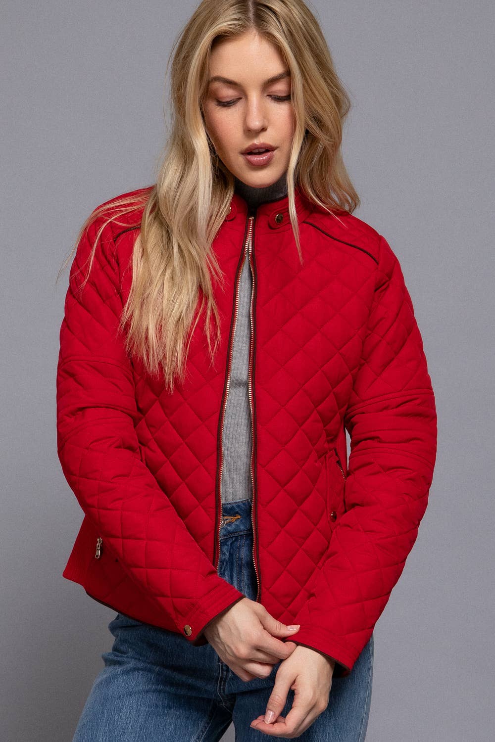 Suede Piping Detail Rib Quilted Padding Jacket