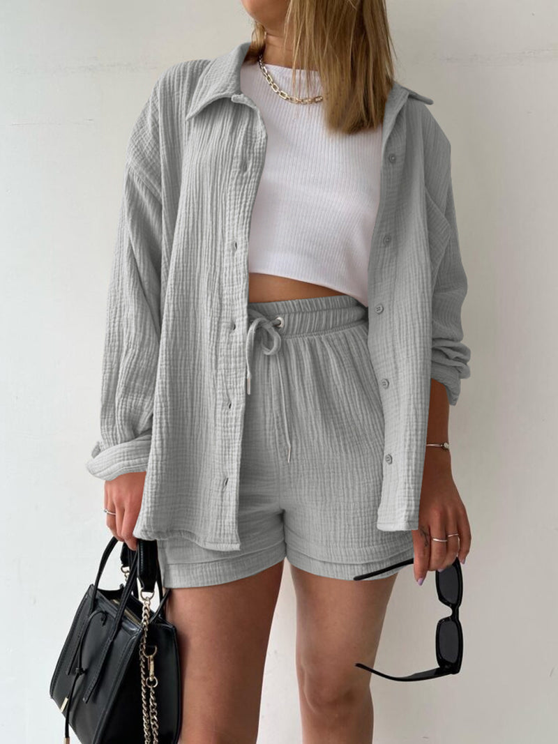 Honey Texture Button Up Shirt and Drawstring Shorts Set