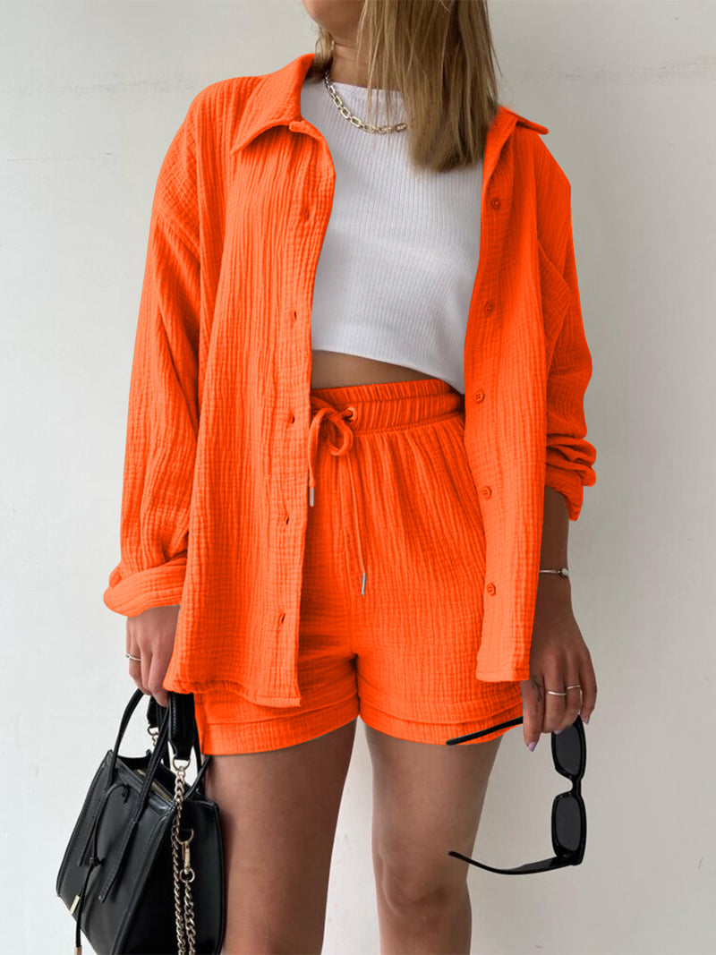 Honey Texture Button Up Shirt and Drawstring Shorts Set