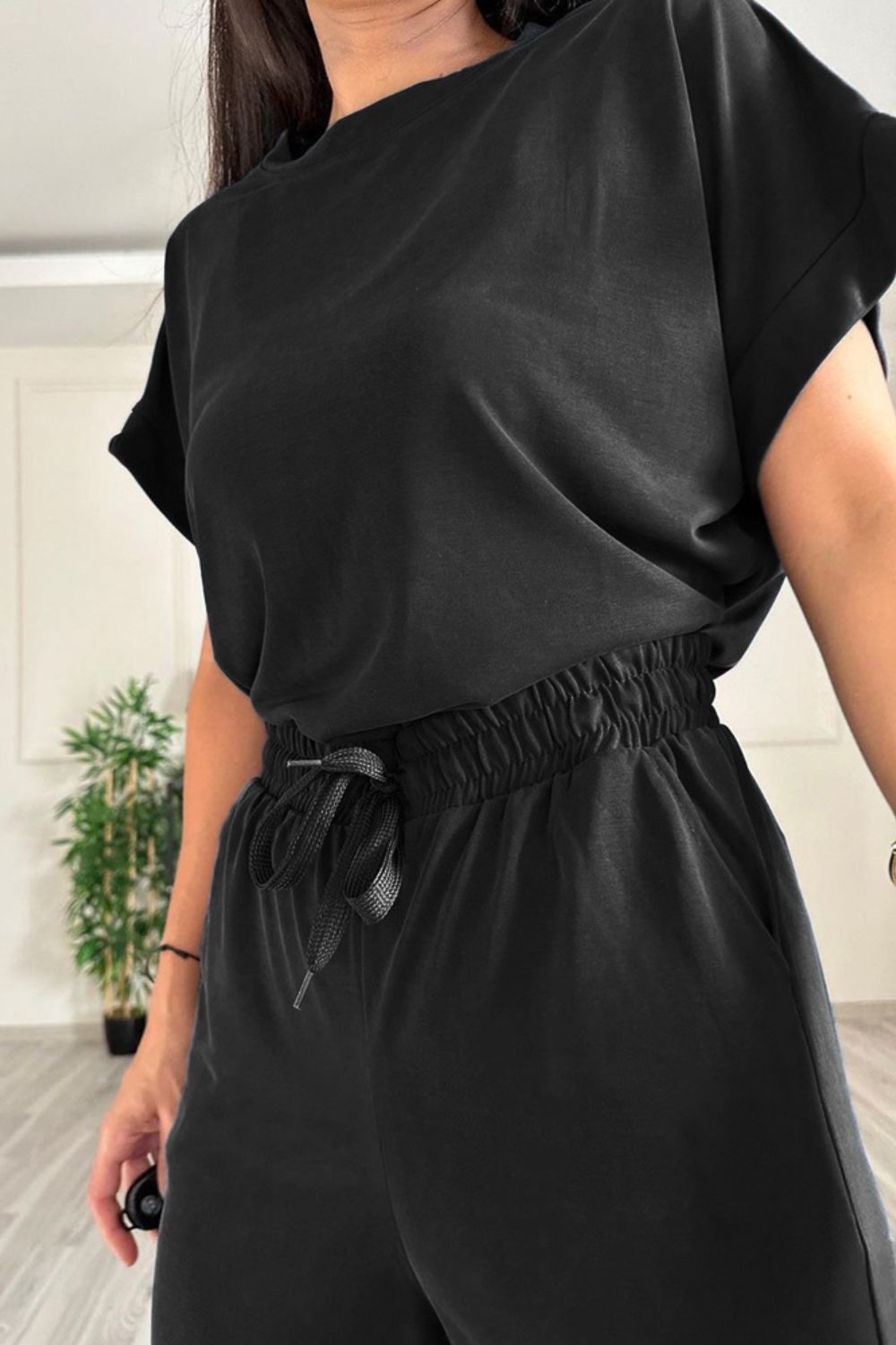 SHYLA Round Neck Short Sleeve Top and Drawstring Pants Set