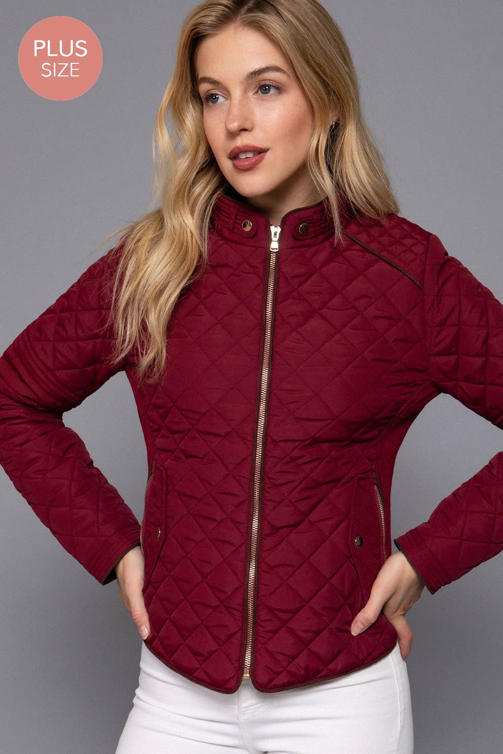 PLUS SIZE Suede Piping Detail Rib Quilted Padding Jacket