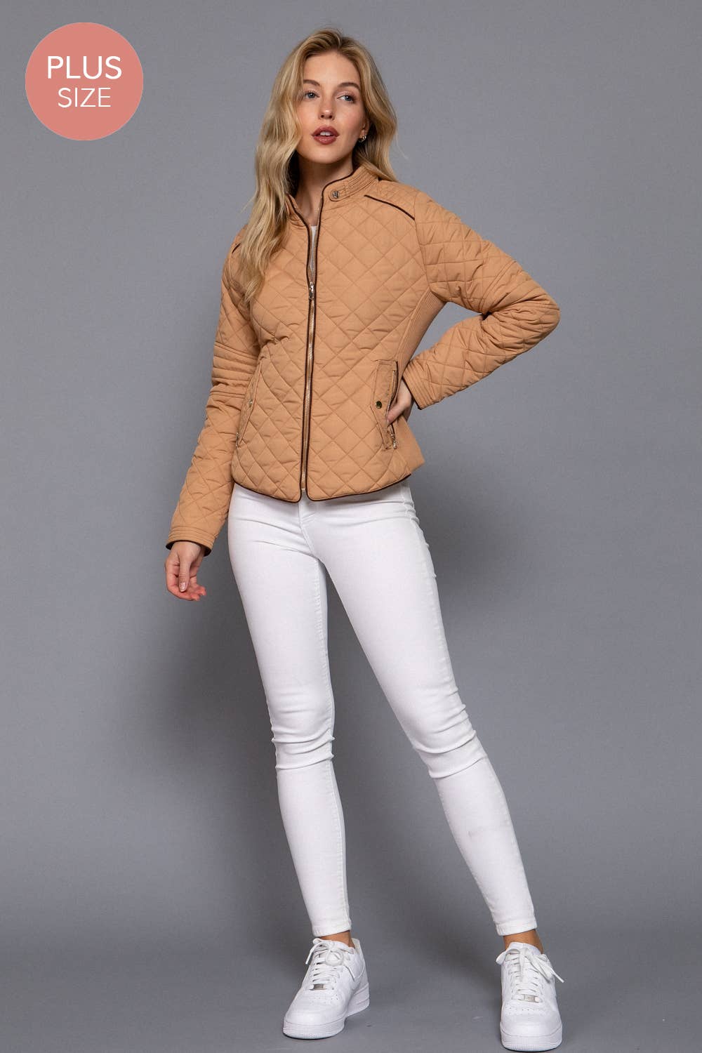 PLUS SIZE Suede Piping Detail Rib Quilted Padding Jacket