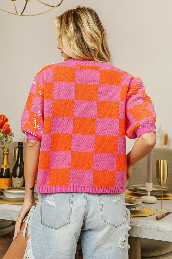 ALICE Checkered Short Sleeve Sequin Sweater