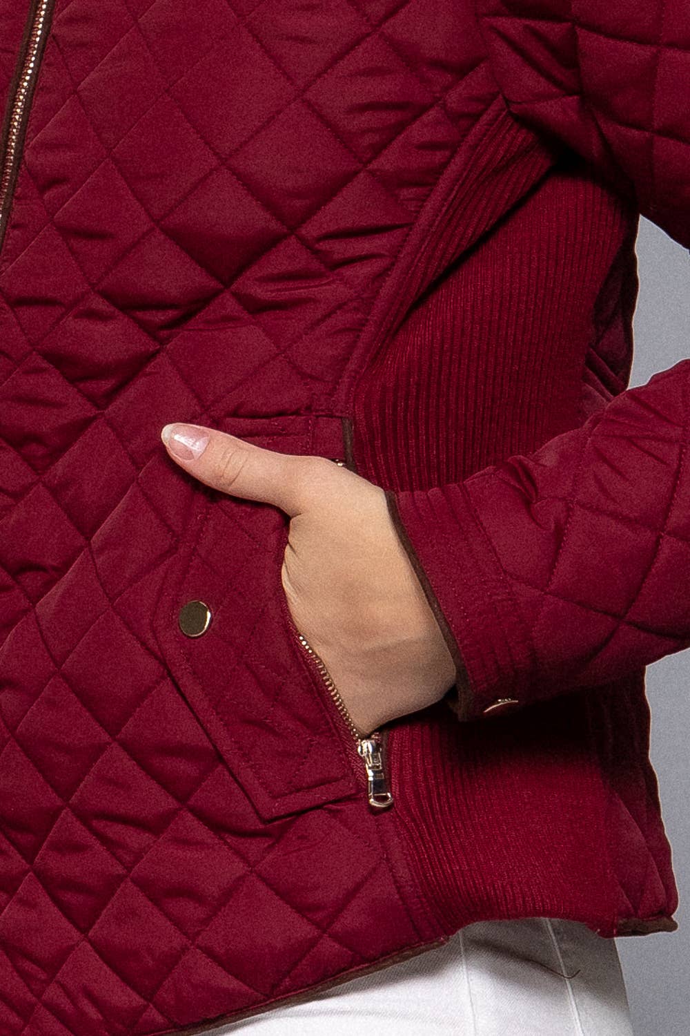 PLUS SIZE Suede Piping Detail Rib Quilted Padding Jacket