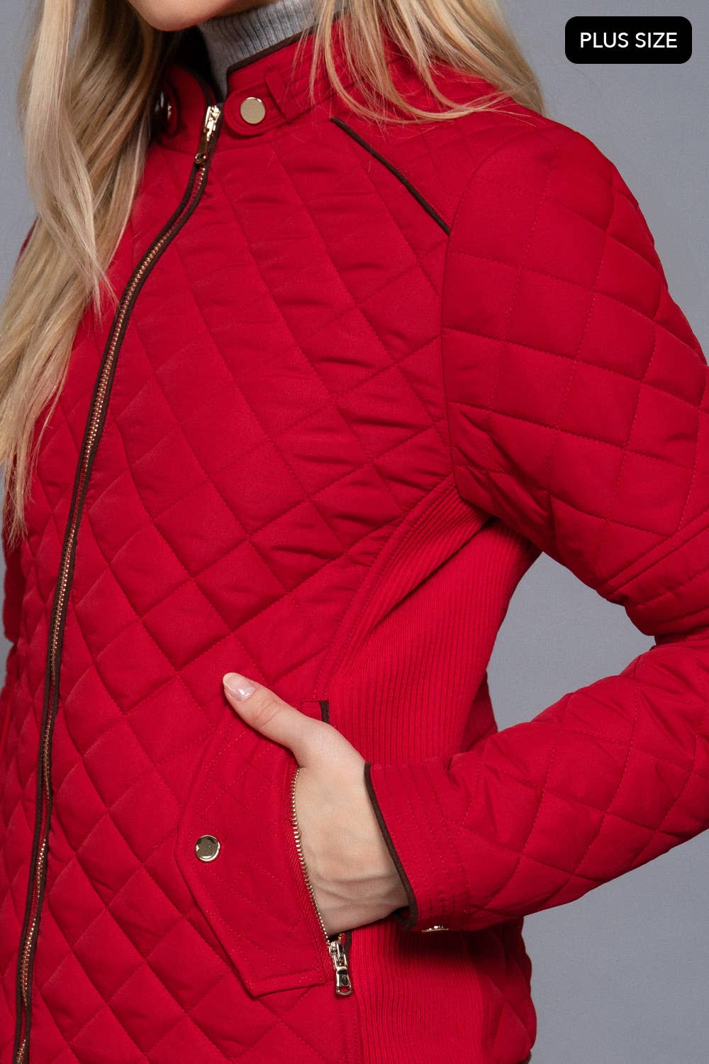 PLUS SIZE Suede Piping Detail Rib Quilted Padding Jacket