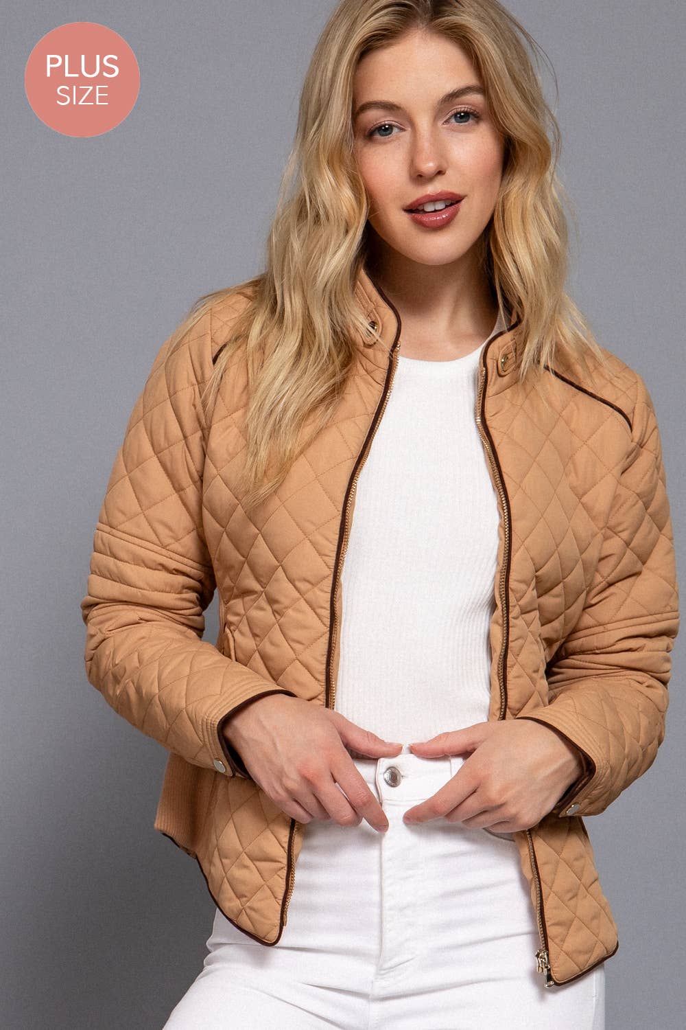 PLUS SIZE Suede Piping Detail Rib Quilted Padding Jacket