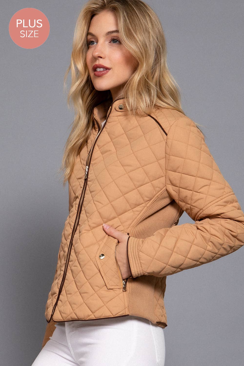 PLUS SIZE Suede Piping Detail Rib Quilted Padding Jacket
