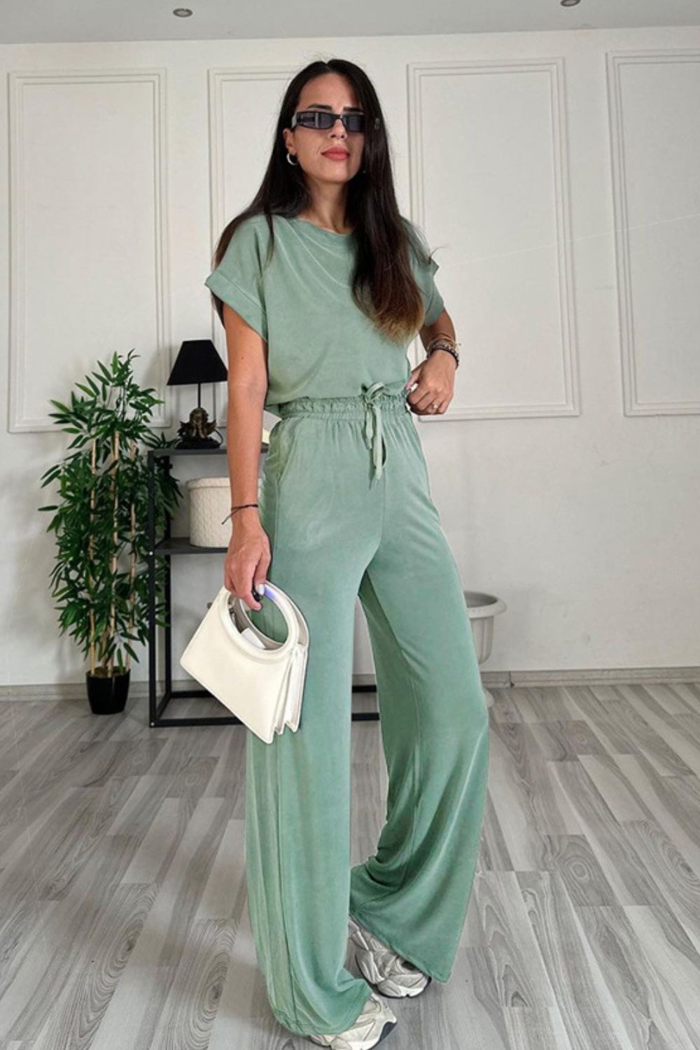 SHYLA Round Neck Short Sleeve Top and Drawstring Pants Set