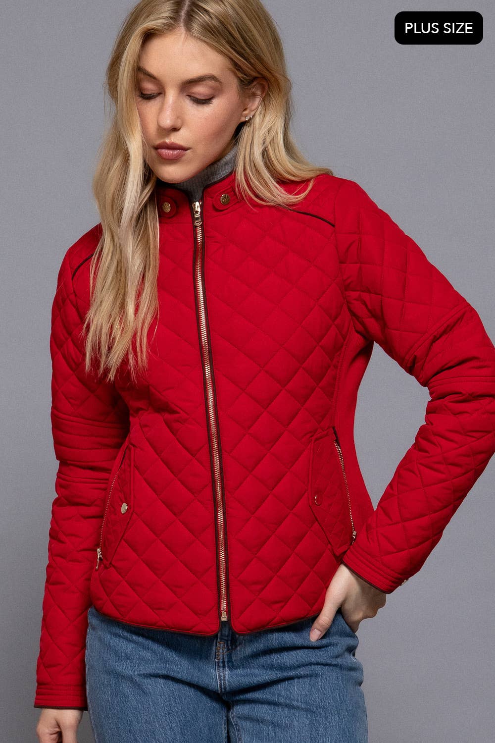PLUS SIZE Suede Piping Detail Rib Quilted Padding Jacket