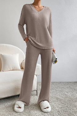 RILEY Ribbed V-Neck Top and Pants Set