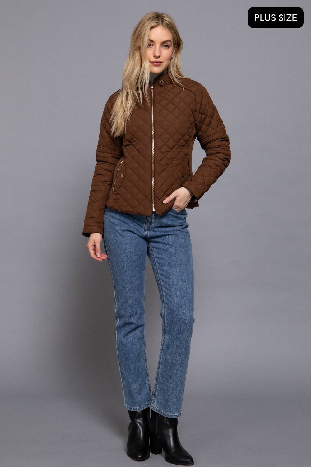 PLUS SIZE Suede Piping Detail Rib Quilted Padding Jacket