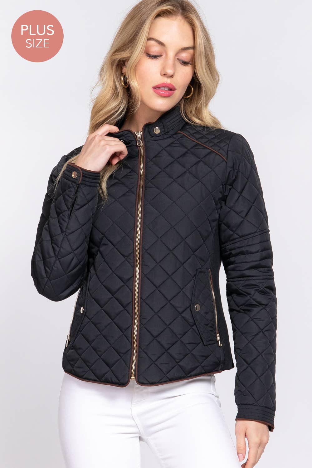 PLUS SIZE Suede Piping Detail Rib Quilted Padding Jacket