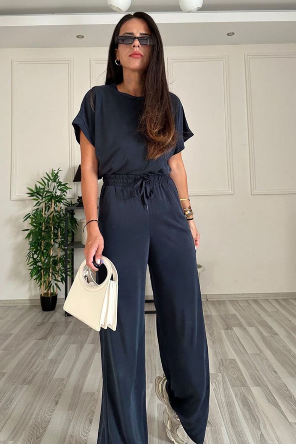 SHYLA Round Neck Short Sleeve Top and Drawstring Pants Set