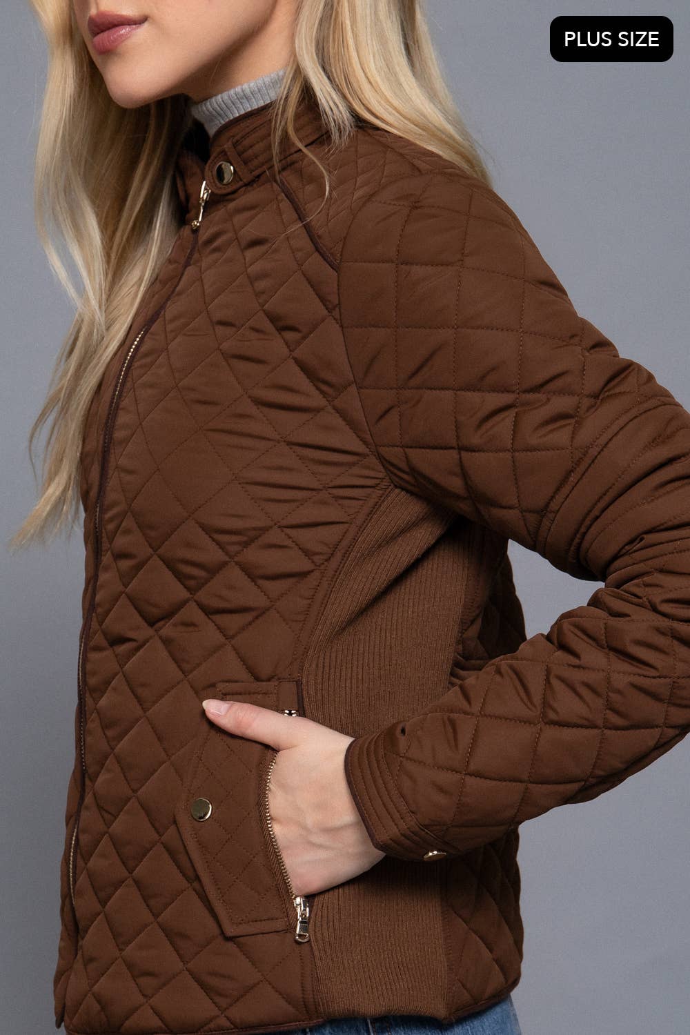PLUS SIZE Suede Piping Detail Rib Quilted Padding Jacket