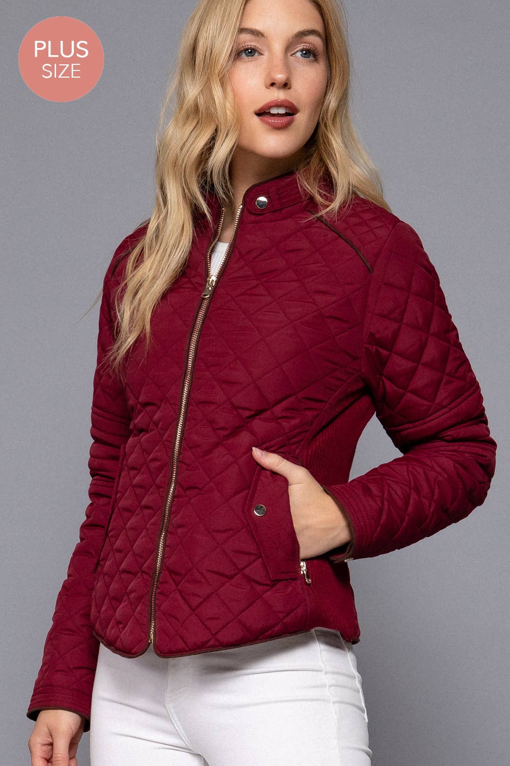 PLUS SIZE Suede Piping Detail Rib Quilted Padding Jacket