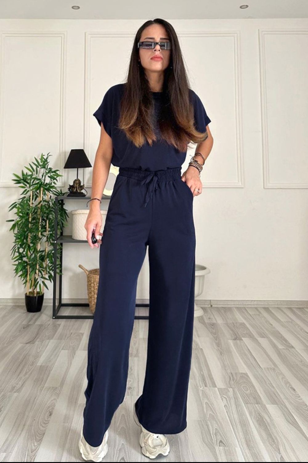 SHYLA Round Neck Short Sleeve Top and Drawstring Pants Set