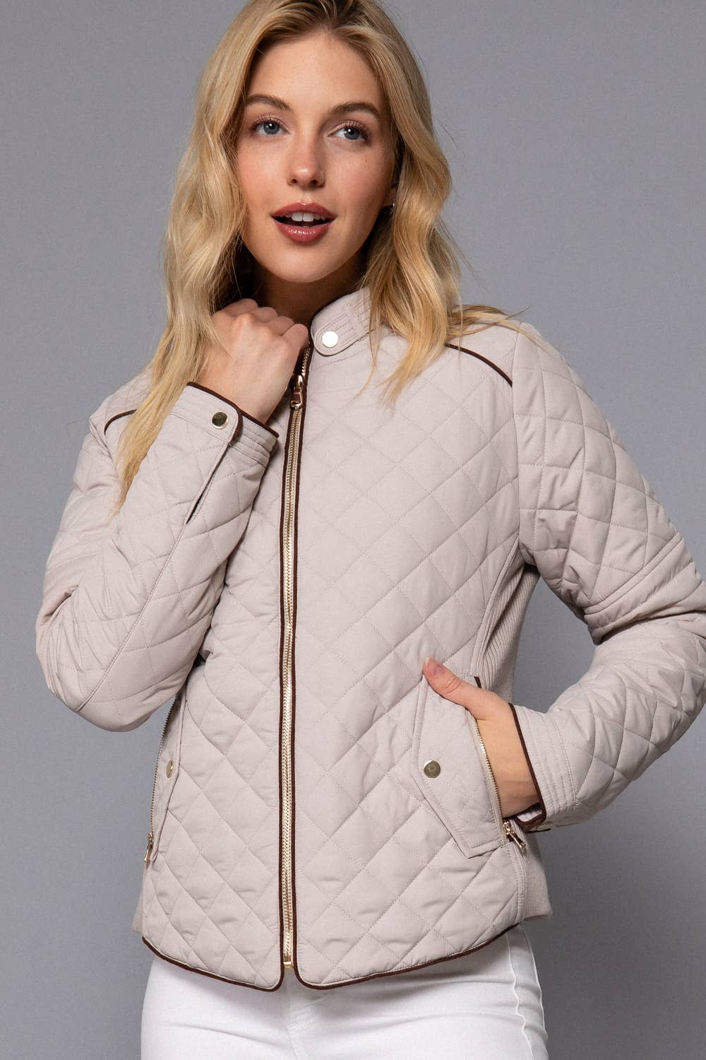 Suede Piping Detail Rib Quilted Padding Jacket