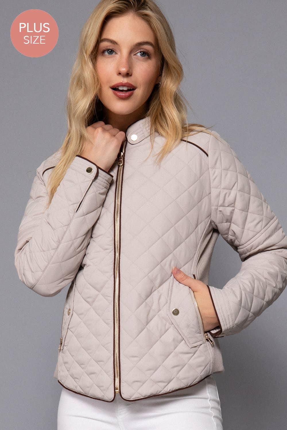 PLUS SIZE Suede Piping Detail Rib Quilted Padding Jacket