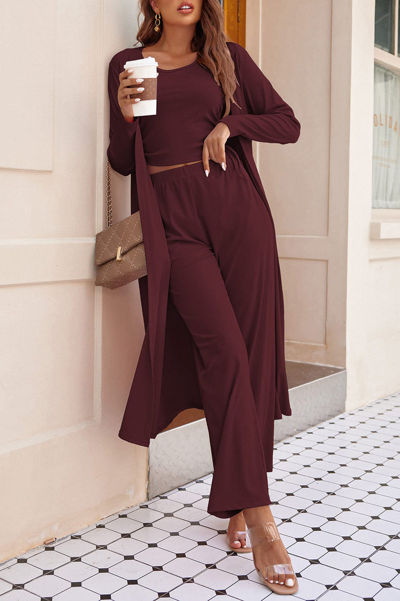 VIOLET Drawstring Tank, Long Sleeve Cardigan and Pants Set