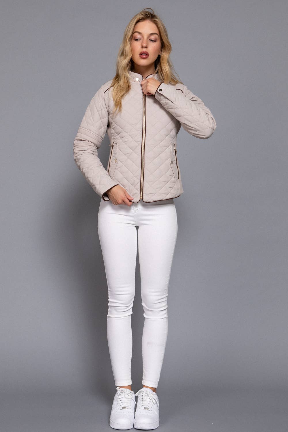 Suede Piping Detail Rib Quilted Padding Jacket