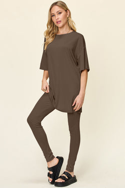 SANA Full Size Round Neck Dropped Shoulder T-Shirt and Leggings Set