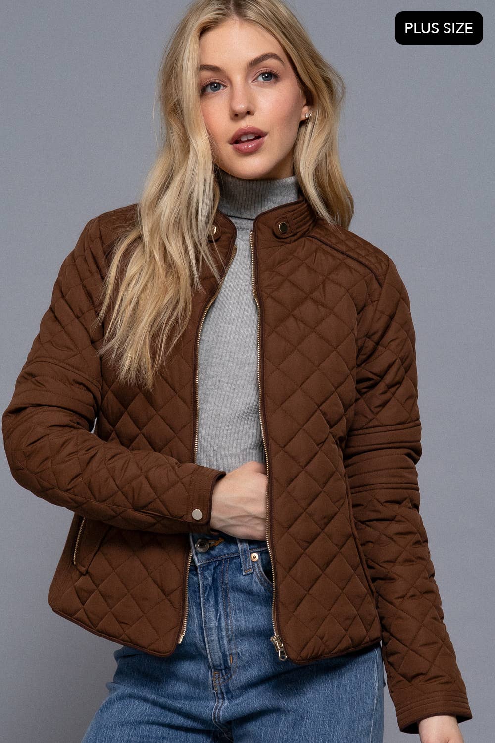 PLUS SIZE Suede Piping Detail Rib Quilted Padding Jacket