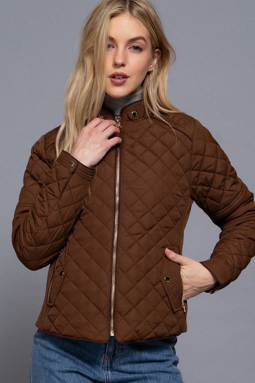 Suede Piping Detail Rib Quilted Padding Jacket