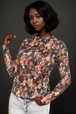 Black Floral Mesh Sheer Long Sleeve Top
