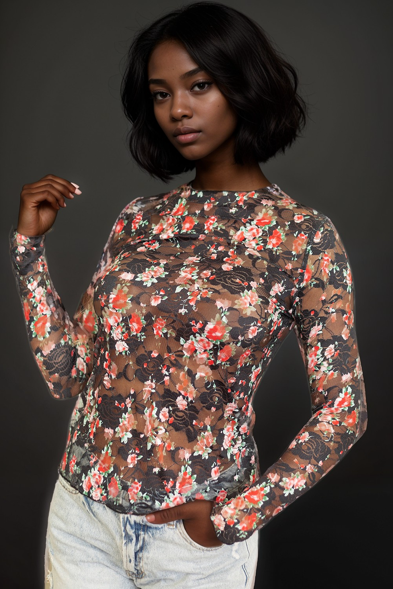 Black Floral Mesh Sheer Long Sleeve Top
