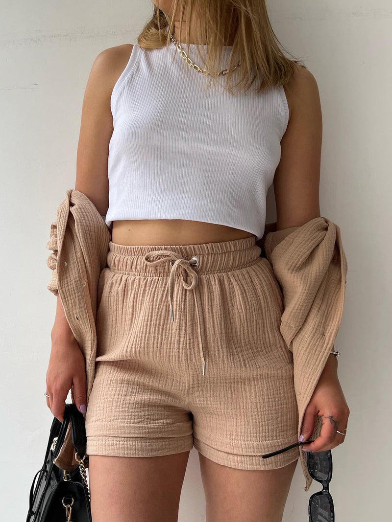 Honey Texture Button Up Shirt and Drawstring Shorts Set