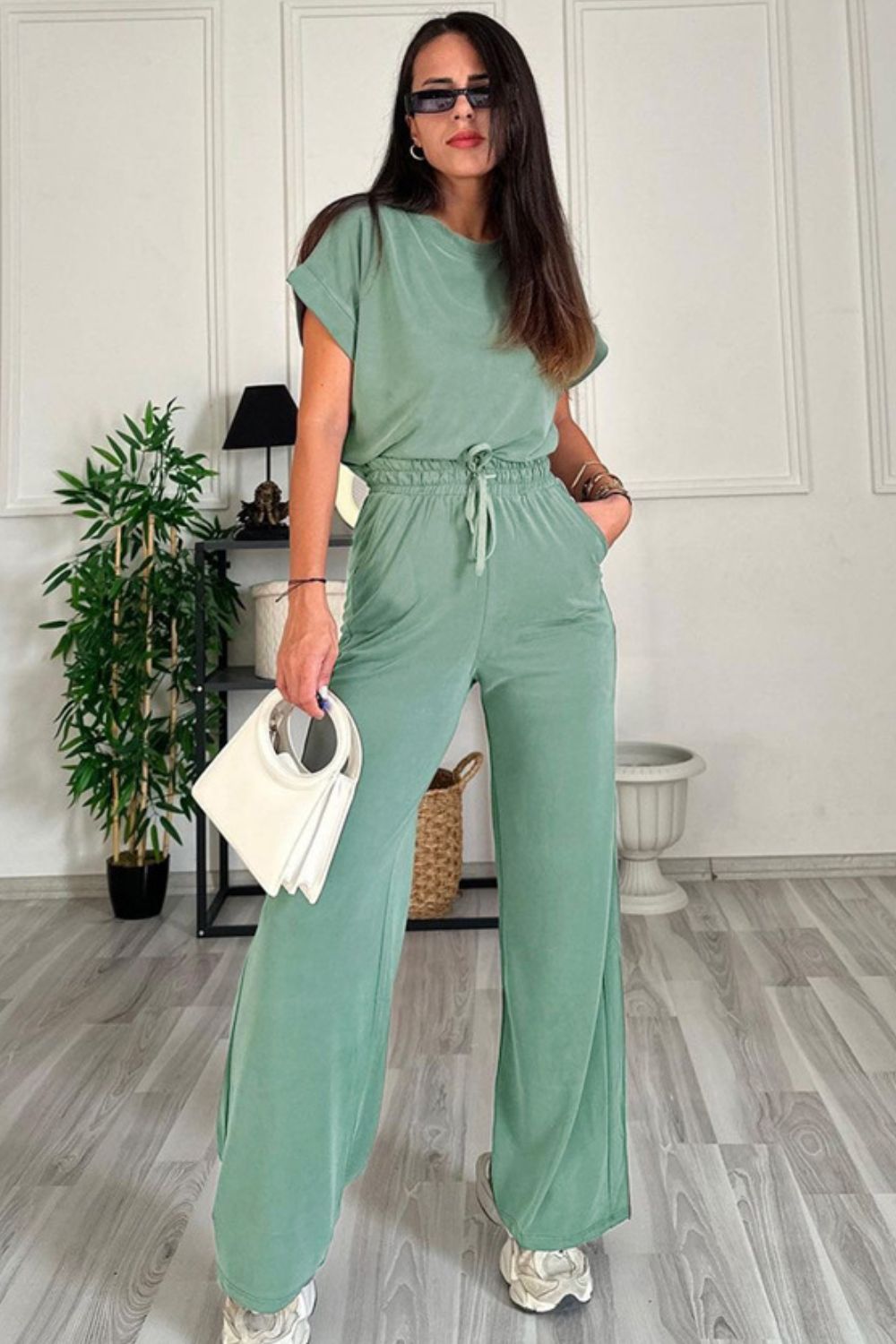 SHYLA Round Neck Short Sleeve Top and Drawstring Pants Set