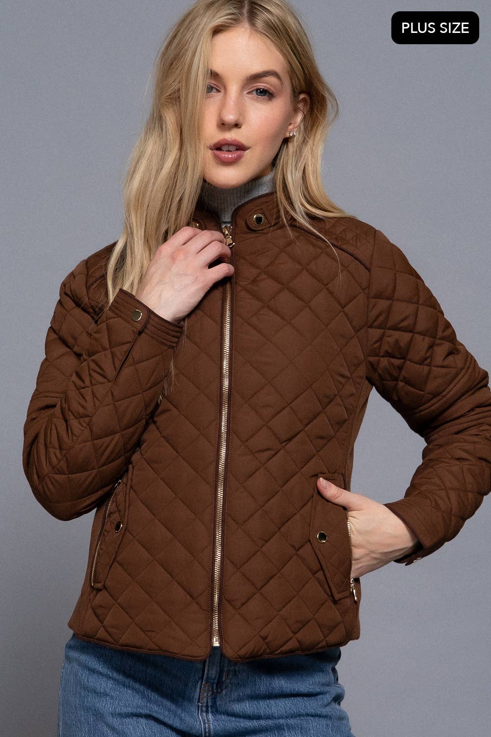PLUS SIZE Suede Piping Detail Rib Quilted Padding Jacket