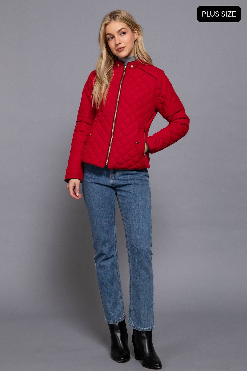 PLUS SIZE Suede Piping Detail Rib Quilted Padding Jacket