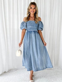 Eloise Off-Shoulder Balloon Sleeve Denim Dress