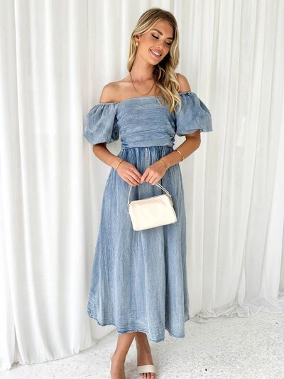 Eloise Off-Shoulder Balloon Sleeve Denim Dress